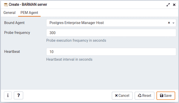 Create-BARMAN server dialog - PEM Agent tab